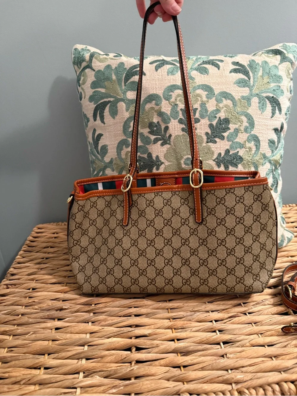 Beige GG Supreme Canvas Tote with Brown Leather Trim